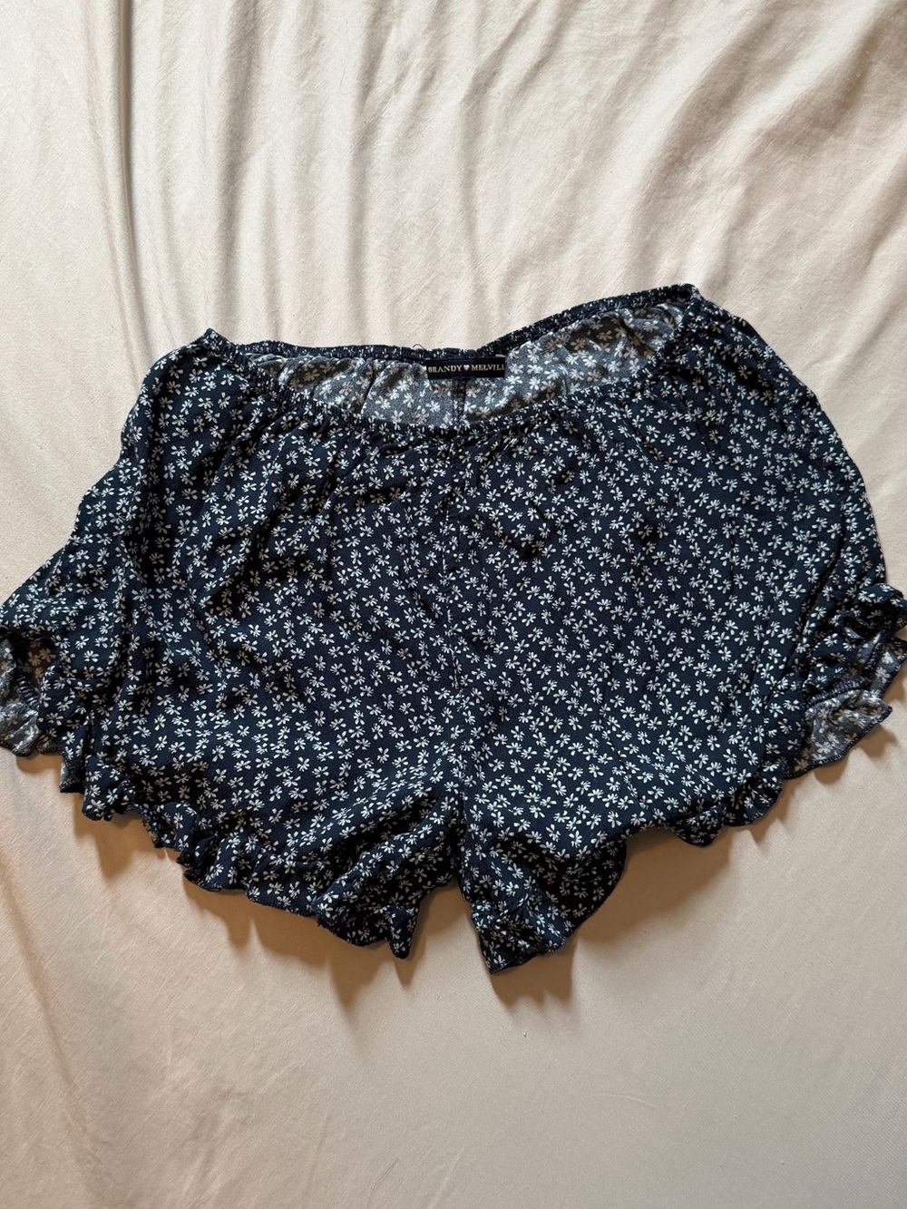 Brandy Melville Navy Floral Ruffle-Hem Shorts